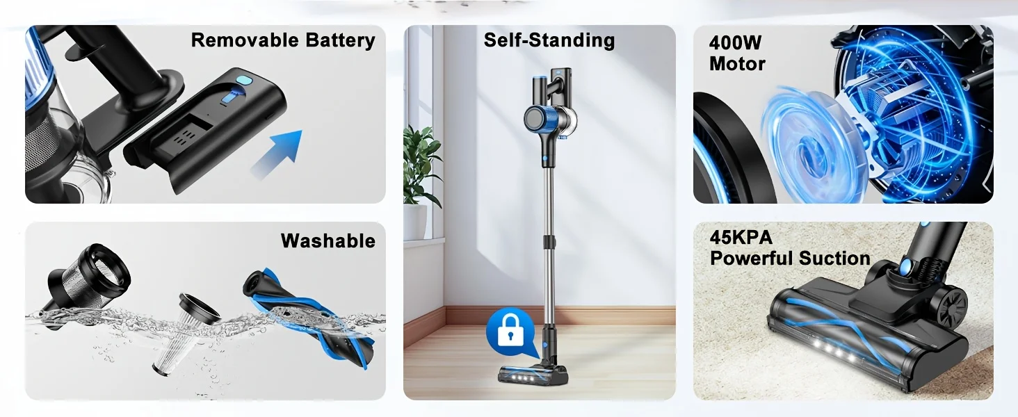 Cordless Vacuum Cleaner，55Kpa/45Mins/8 in 1 Powerful Suction,Self-Standing, 3 Suction Modes, Vacuum for Floor Carpet Pet Hair