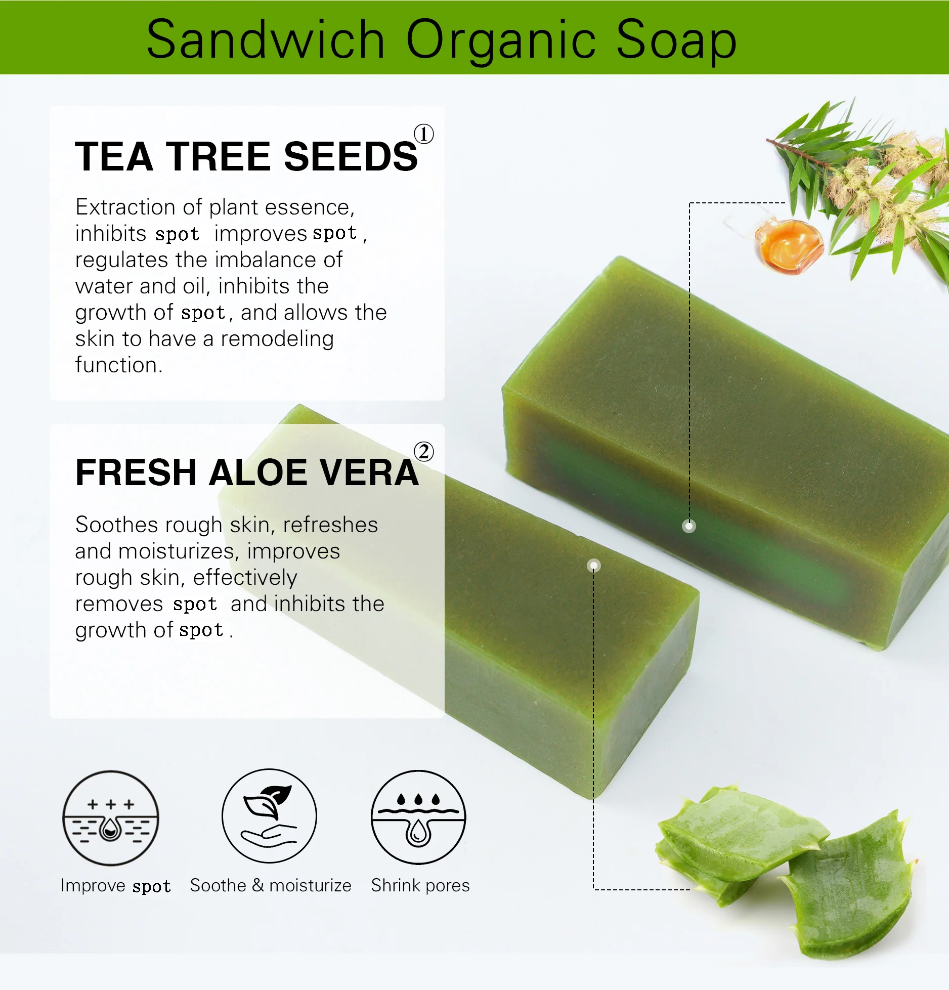 Aloe Brightening Soap Bar, Remove Dark Spots, Sun Spots, Acne, Oil Control, Clean Stains, Exfoliation, For Face and Body, 200g