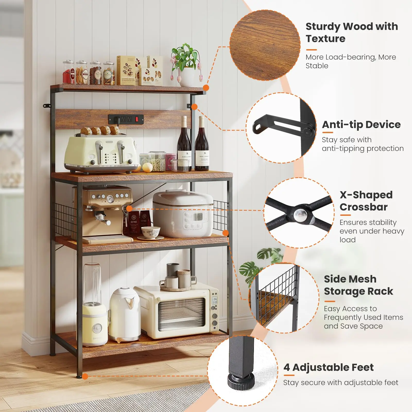JHK 31.5 Inch Kitchen Bakers Rack with Power Outlet Coffee Bar Table 4 Tiers Microwave Oven Stand Adjustable Storage Shelf