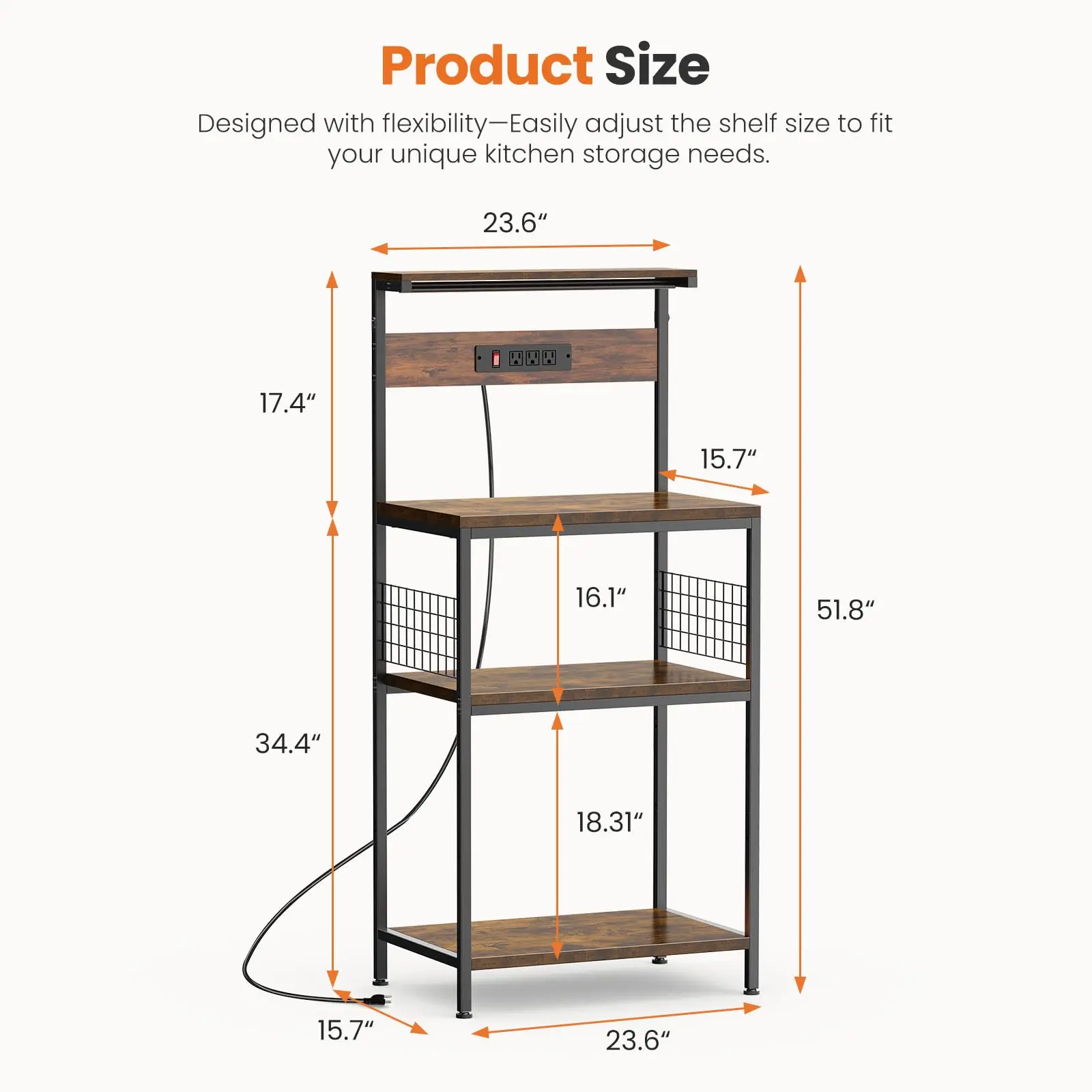 JHK 31.5 Inch Kitchen Bakers Rack with Power Outlet Coffee Bar Table 4 Tiers Microwave Oven Stand Adjustable Storage Shelf