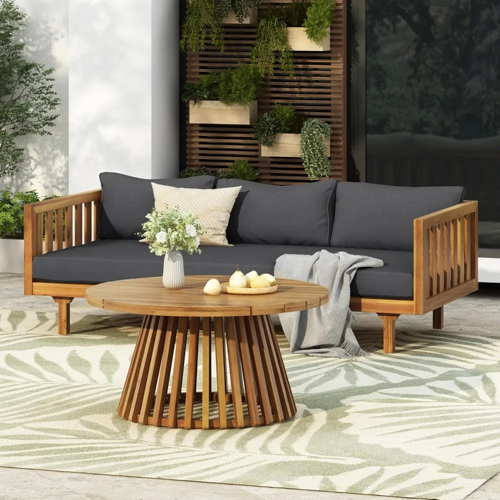 Outdoor Acacia Wood Conversation Set, 3-Seat Loveseat Sofa w/Coushion and Round Coffee Table for Backyard, Patio Furniture, Tea