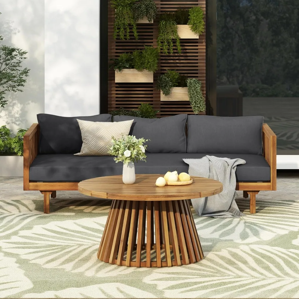 Outdoor Acacia Wood Conversation Set, 3-Seat Loveseat Sofa w/Coushion and Round Coffee Table for Backyard, Patio Furniture, Tea