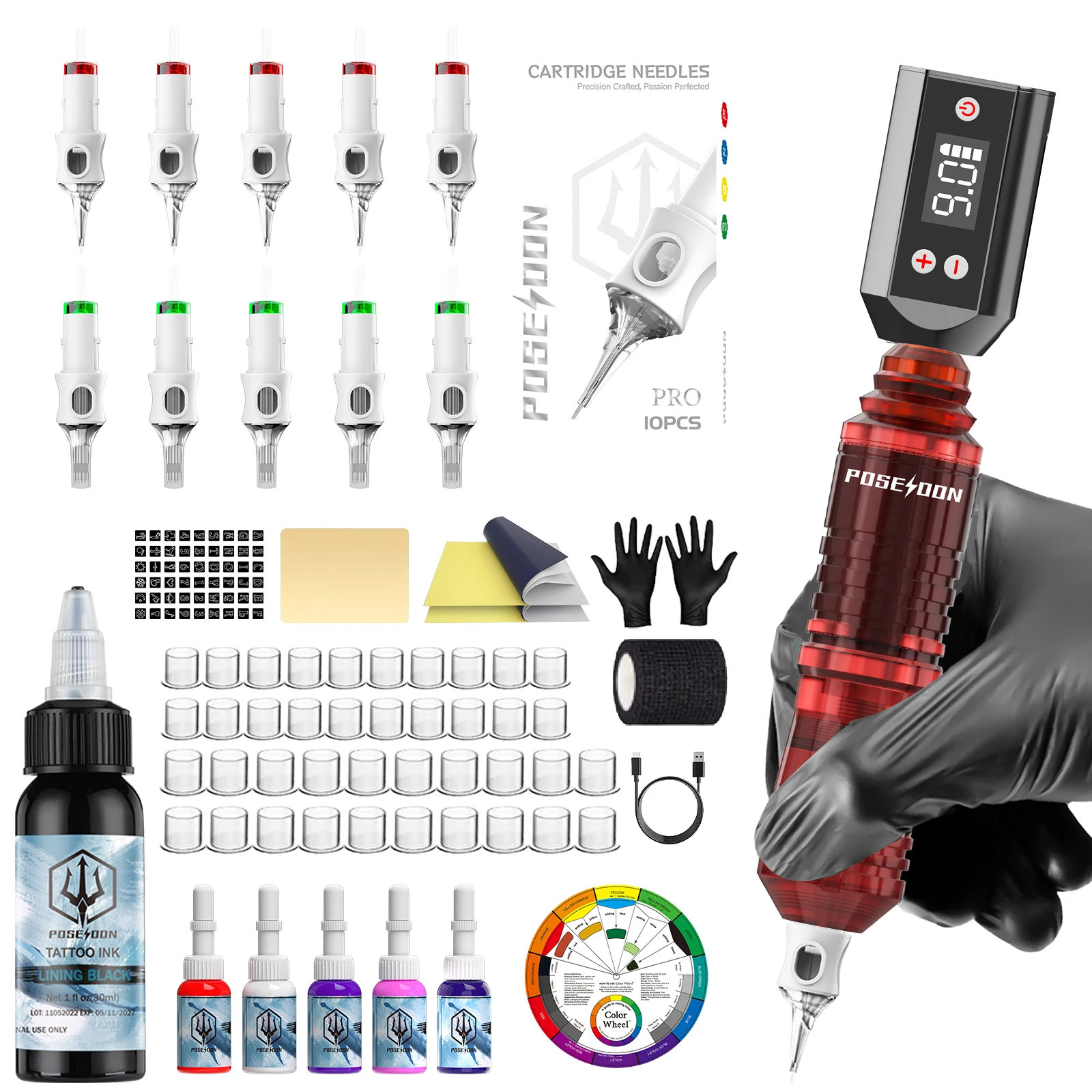 Tattoo Kit POSEIDON High Power Tattoo Pen Kit For Permanent Makeup Tattoo Machine Kit Black Tattoo Power Supply Tattoo Gun Kit