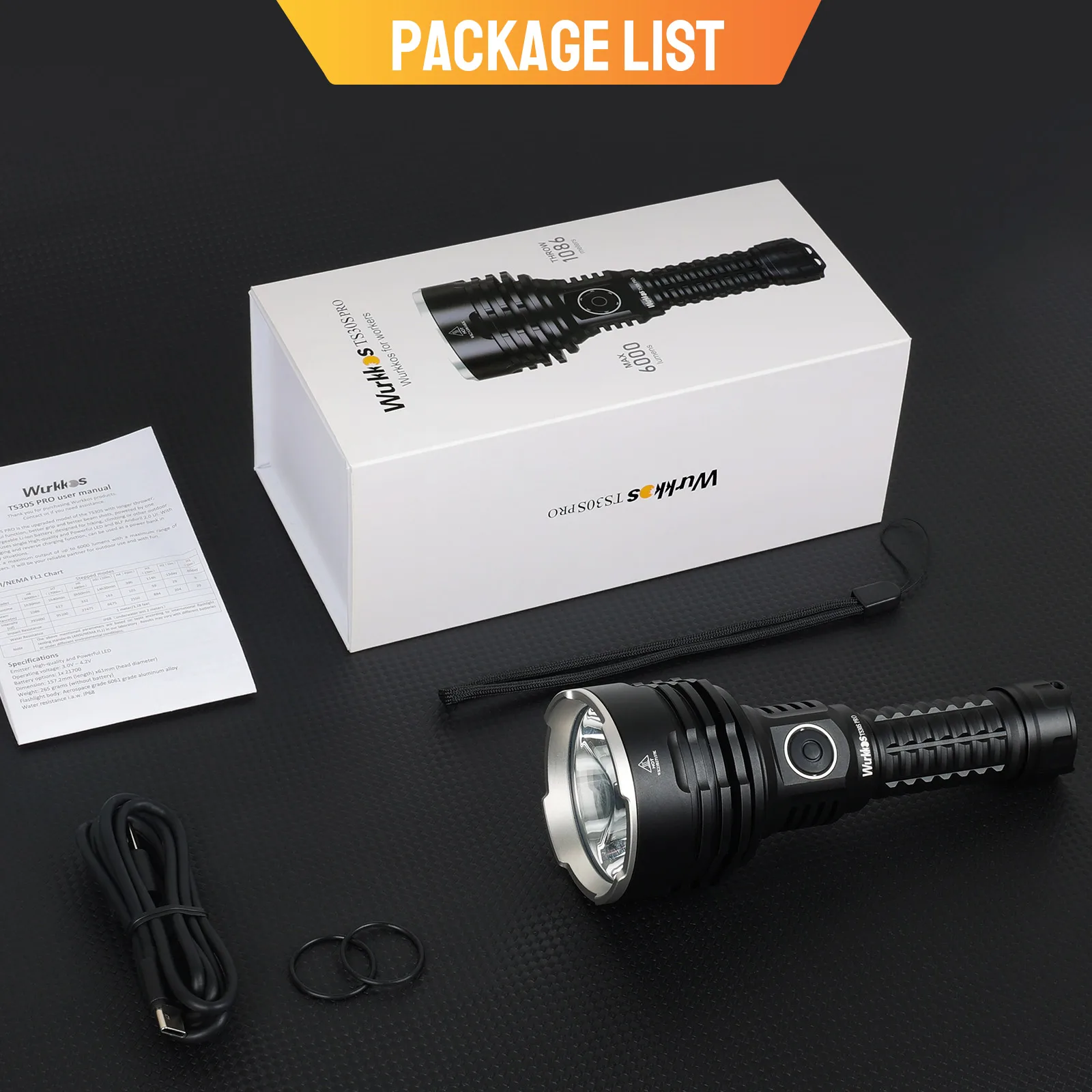 Wurkkos TS30S Pro 21700 Rechargeable Tactical Flashlight LED USB-C 6000Lm Torch MAX 1086M Stainless Bezel Anduril 2 Power Bank