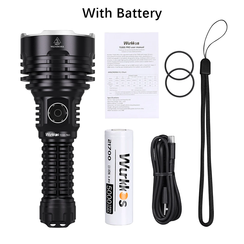Wurkkos TS30S Pro 21700 Rechargeable Tactical Flashlight LED USB-C 6000Lm Torch MAX 1086M Stainless Bezel Anduril 2 Power Bank
