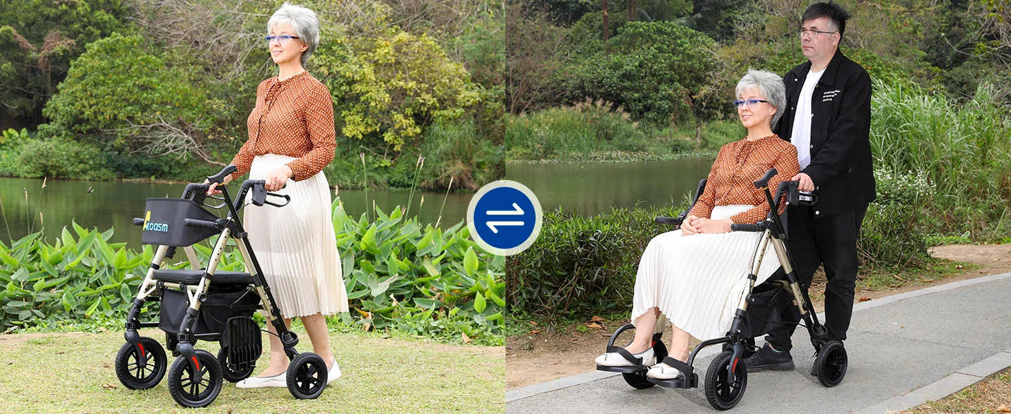 Lightweight 2 in 1 Rolling Walkers Wheelchair Combo for Adult, Transport Chair with Brakes, Adjustable Seat & Handle, 300lbs