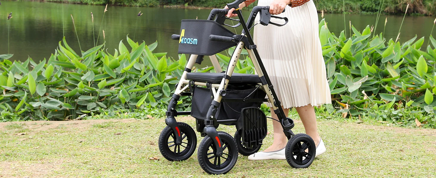 Lightweight 2 in 1 Rolling Walkers Wheelchair Combo for Adult, Transport Chair with Brakes, Adjustable Seat & Handle, 300lbs