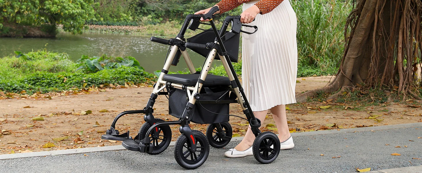 Lightweight 2 in 1 Rolling Walkers Wheelchair Combo for Adult, Transport Chair with Brakes, Adjustable Seat & Handle, 300lbs