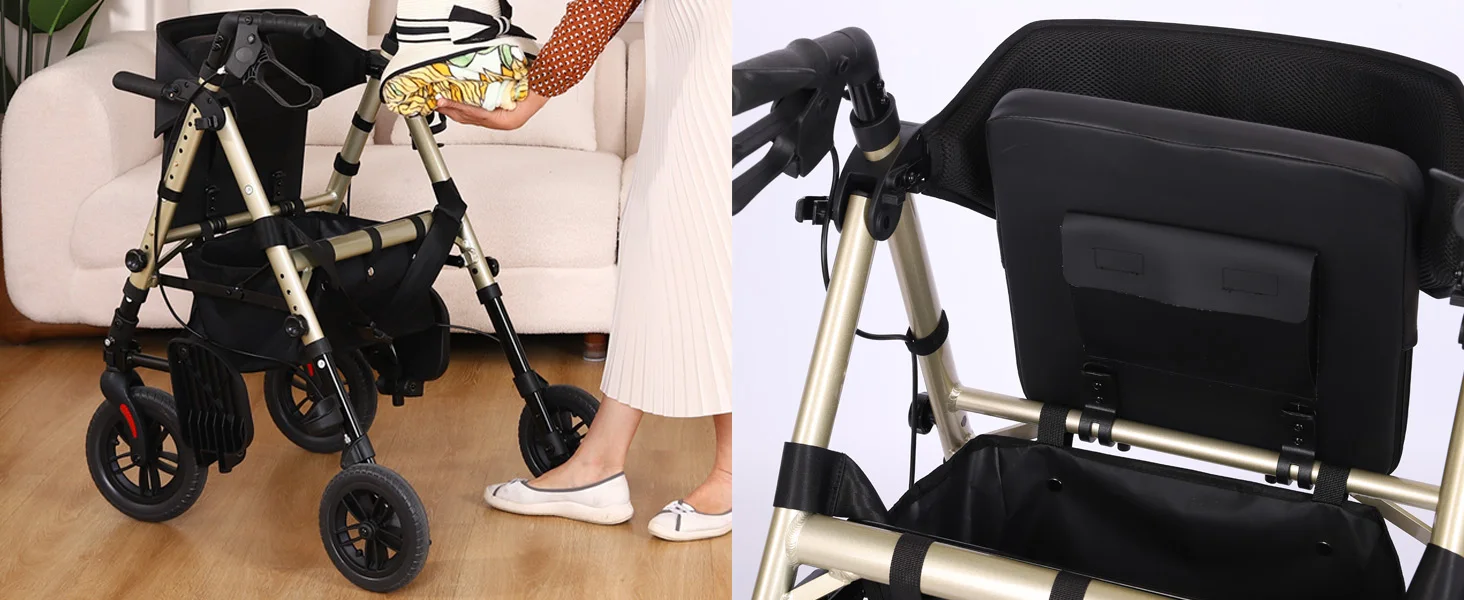 Lightweight 2 in 1 Rolling Walkers Wheelchair Combo for Adult, Transport Chair with Brakes, Adjustable Seat & Handle, 300lbs