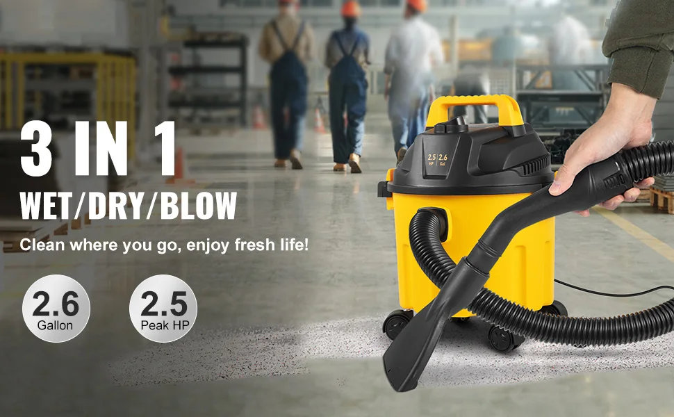 SucceBuy Wet Dry Vac 2.6 Gallon 2.5 Peak HP 3 in 1 Portable Shop Vacuum with Blowing Function Attachment Storage for Floor