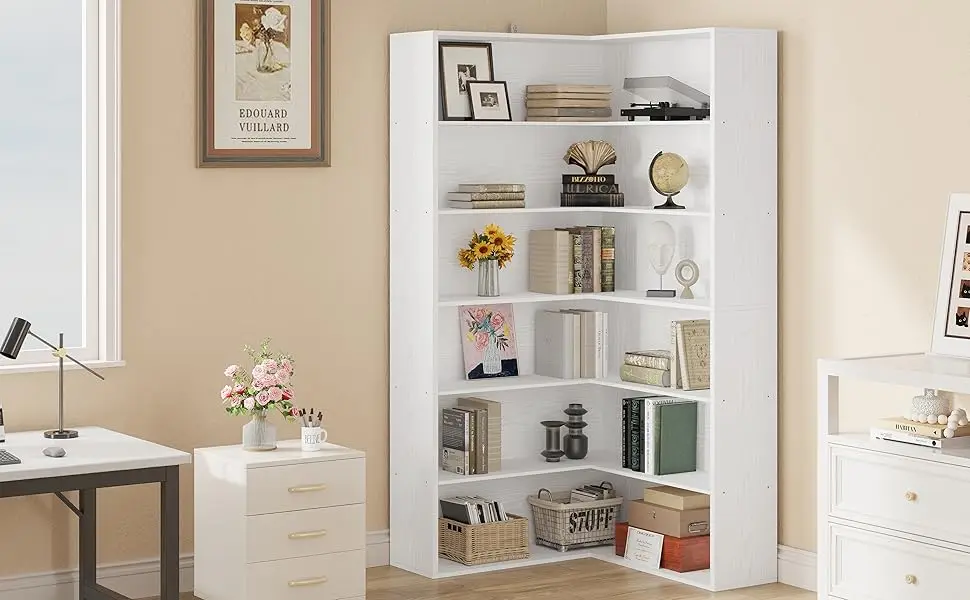 ANCTOR Corner Bookshelf with Baffles, Corner Bookcases 6 Tiers, Etagere Shelf Storage Rack for Living Room, Home Office