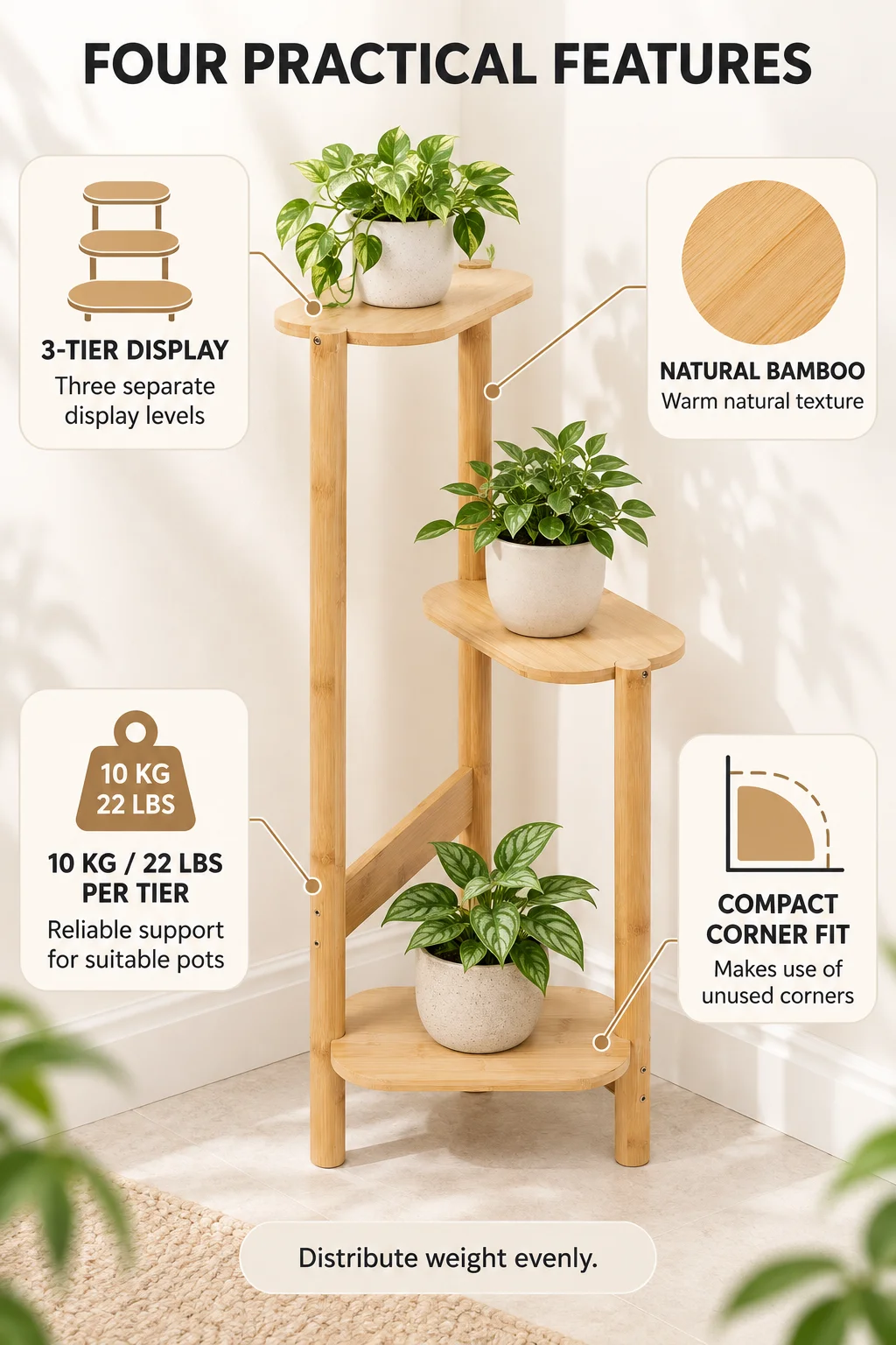 3 Tier Bamboo Corner Plant Stand 32 X 75 cm Indoor Flower Pot Display Shelf 10 kg Capacity per Tier