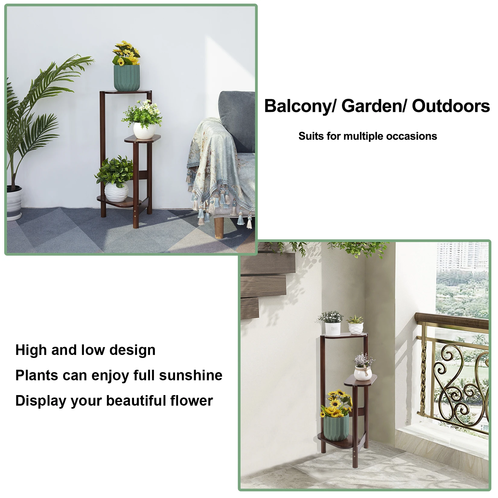 3 Tier Tall Bamboo Plant Stand Corner Plant Rack Flower Pot Holder Storage for Balcony Garden Organization