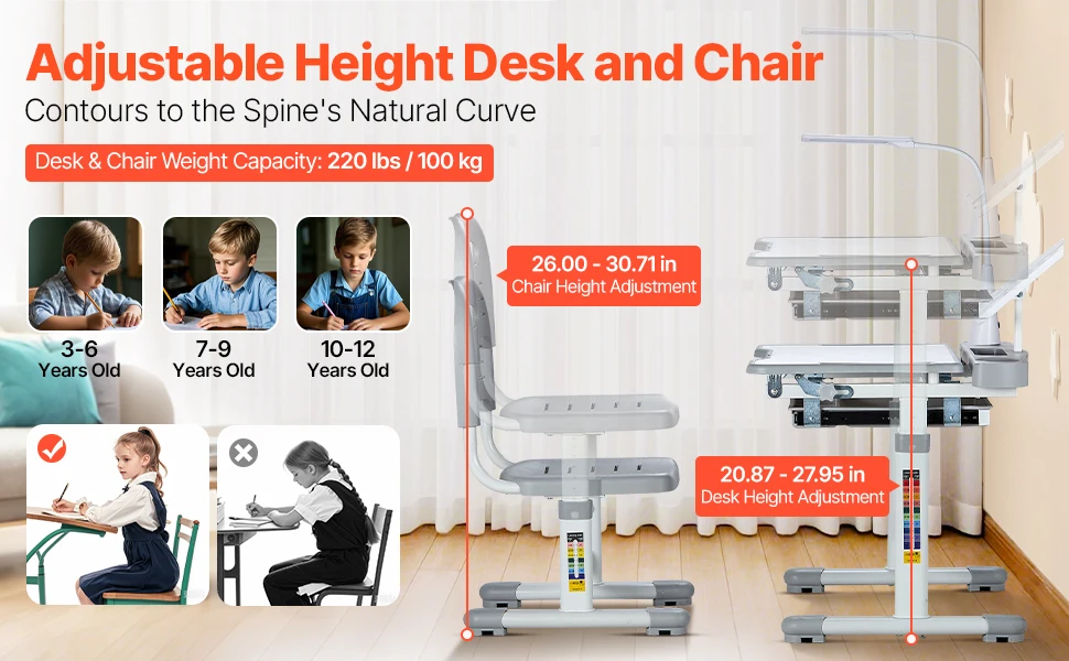 SucceBuy Kids Study Chair and Desk Set Study Desk and Chair for Kids with Table Lamp Adjustable Height for Bedroom & Study Room