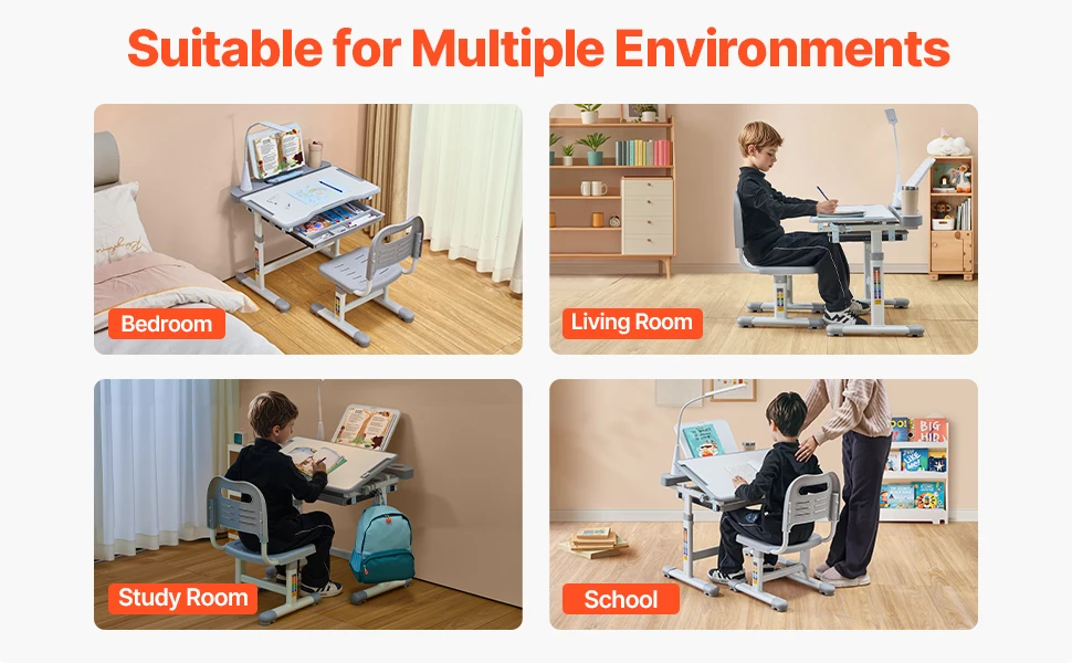 SucceBuy Kids Study Chair and Desk Set Study Desk and Chair for Kids with Table Lamp Adjustable Height for Bedroom & Study Room