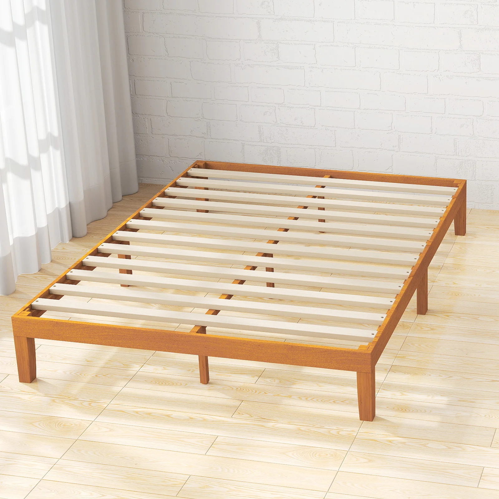 JHK All Size Solid Wood Bed Frame with Sturdy Wood Slat Support No Box Spring Needed Easy Assembly Eco-Friendly For Living Room