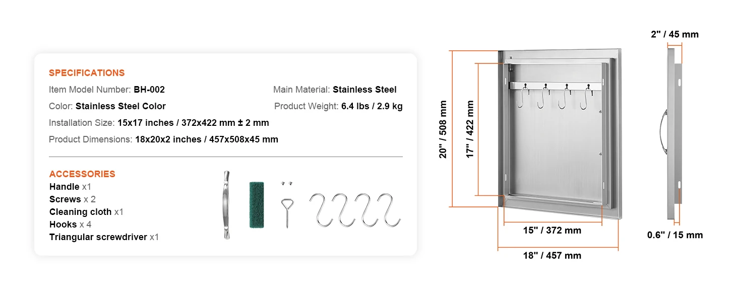 SucceBuy BBQ Access Door Stainless Steel Flush Mount Door Wall Vertical Door w/ Recessed Handle Grilling Station Outside Cabinet