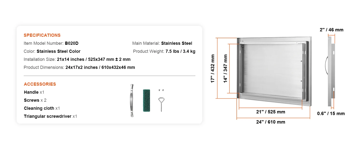 SucceBuy BBQ Access Door Stainless Steel Flush Mount Door Wall Vertical Door w/ Recessed Handle Grilling Station Outside Cabinet