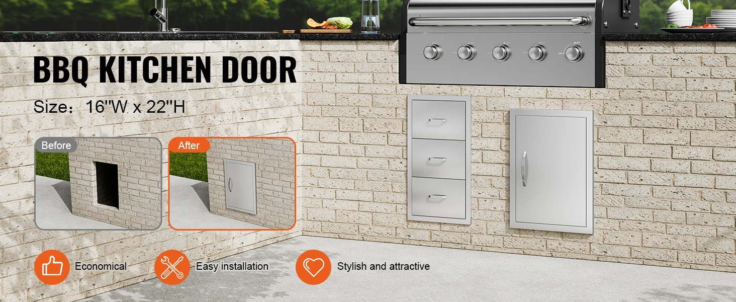 SucceBuy BBQ Access Door Stainless Steel Flush Mount Door Wall Vertical Door w/ Recessed Handle Grilling Station Outside Cabinet