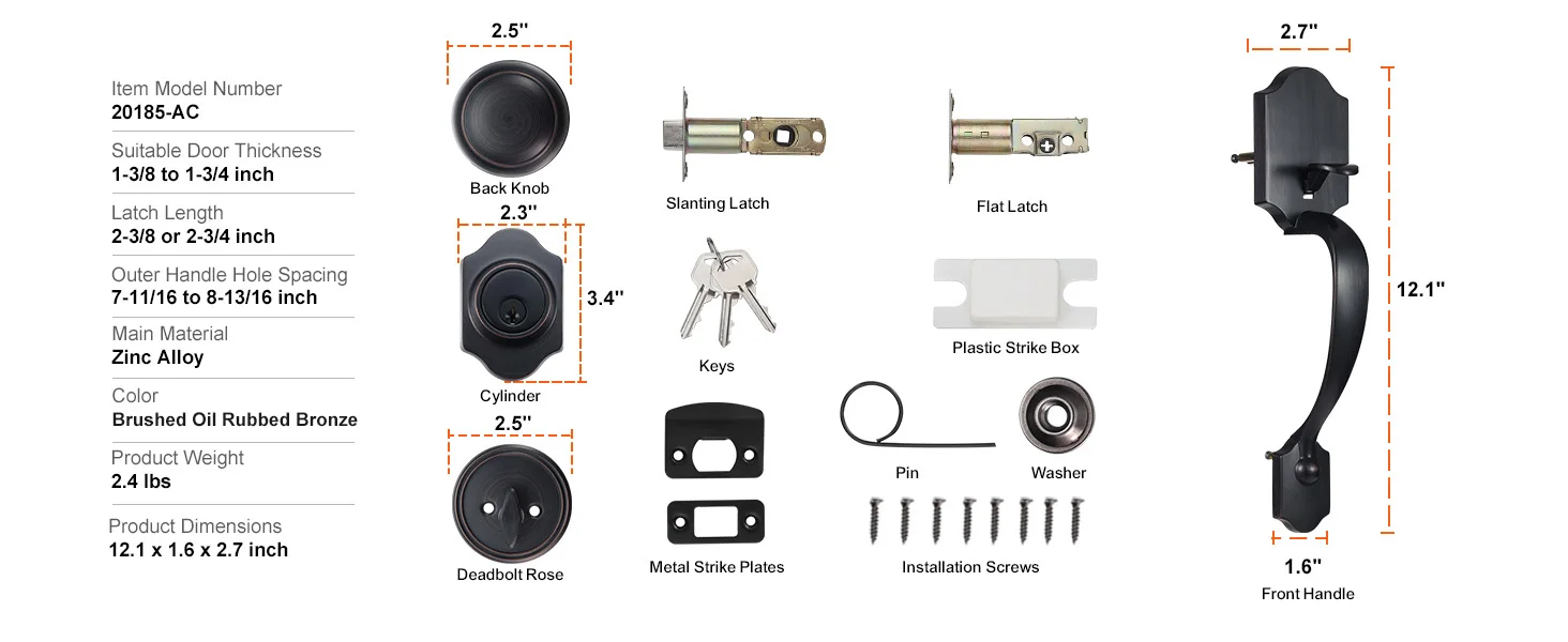 SucceBuy Front Door Handle Deadbolt Set Front Door Lock Set with Interior Knob Adjustable Hole Spacing Single Cylinder Handleset