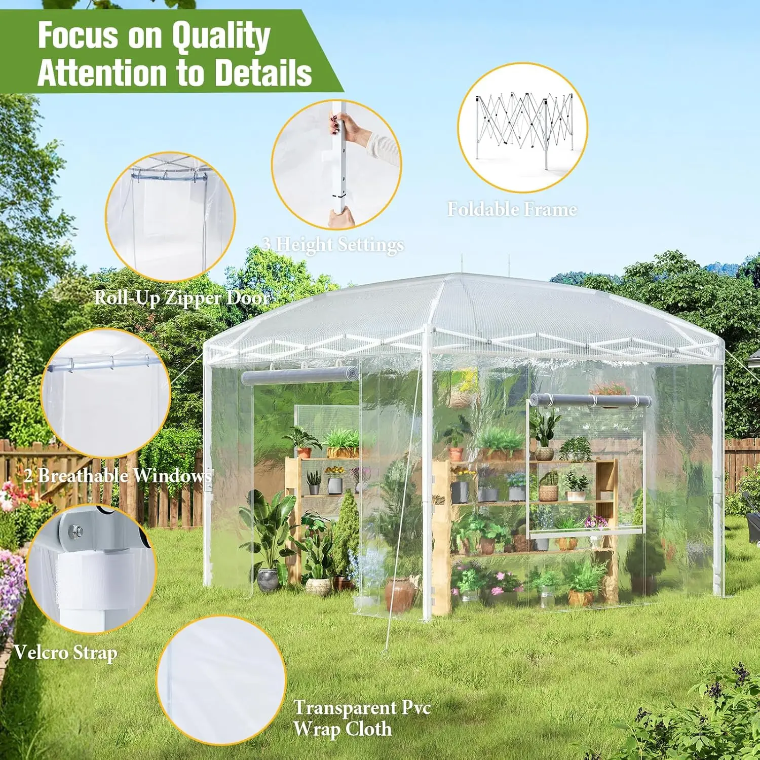 10×10×8.5 FT Pop-up Walk-in Greenhouse with Adjustable Reinforced Frame for Outdoors Indoor, Portable Greenhouse with 2 Roll-up