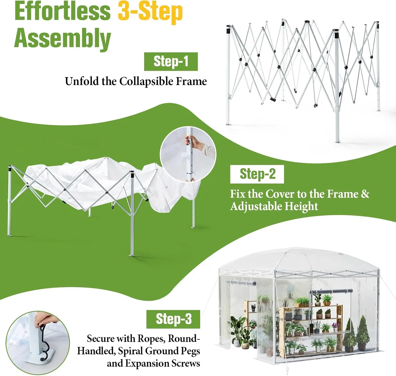 10×10×8.5 FT Pop-up Walk-in Greenhouse with Adjustable Reinforced Frame for Outdoors Indoor, Portable Greenhouse with 2 Roll-up