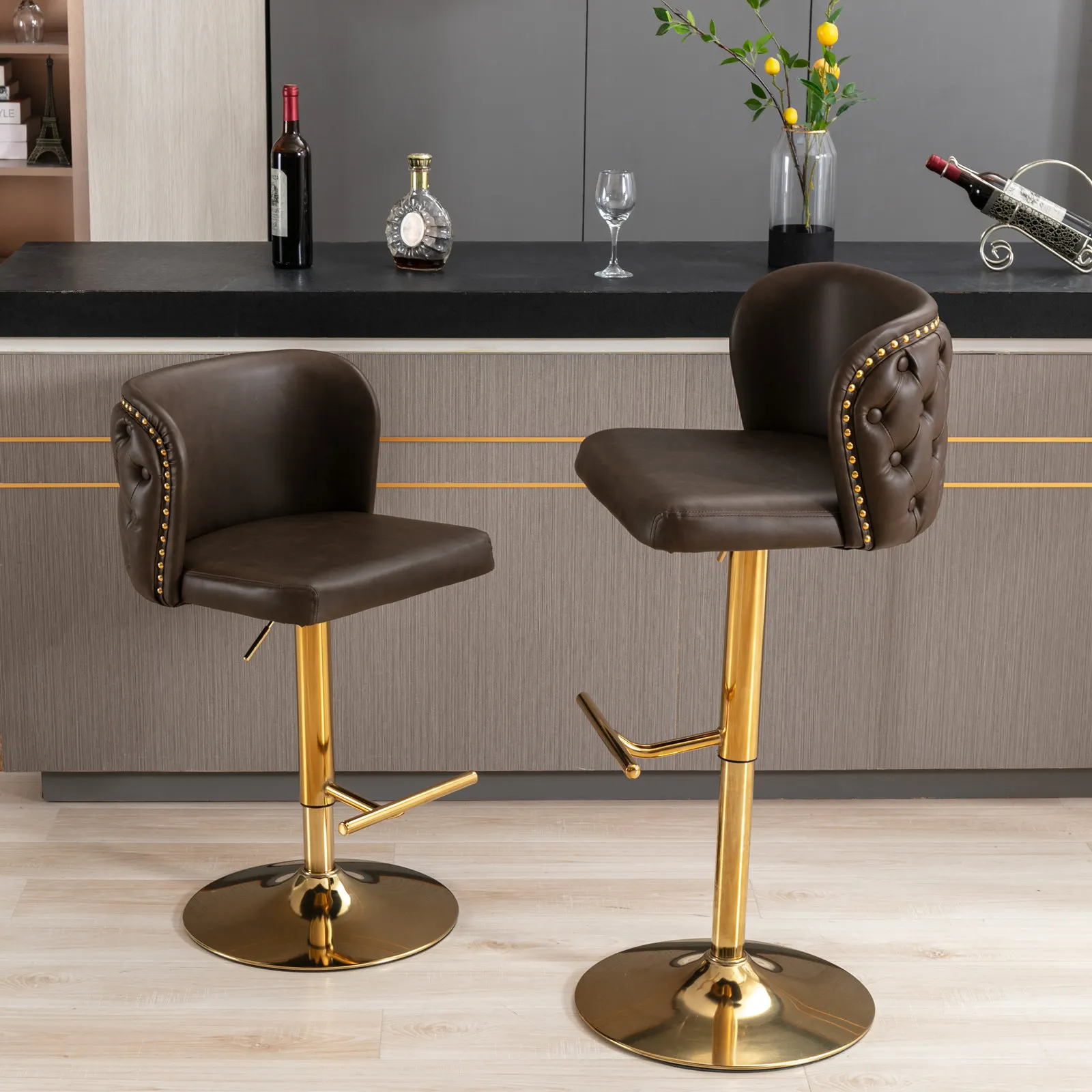 2Pcs Swivel Bar Chairs PU Upholstered Counter Bar Stools with Gold Nailheads and Base Adjustable Height For Dining Room Kitchen