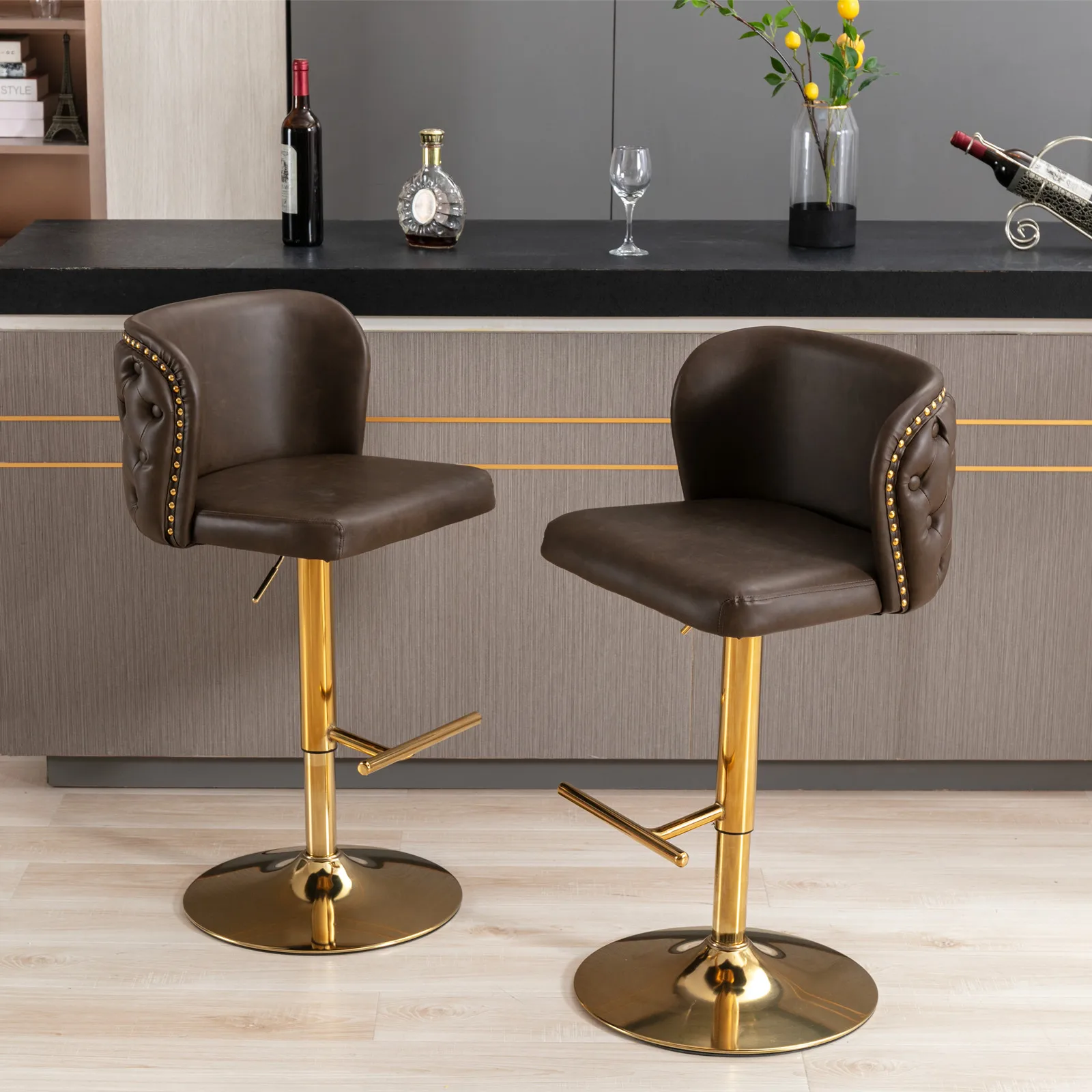 2Pcs Swivel Bar Chairs PU Upholstered Counter Bar Stools with Gold Nailheads and Base Adjustable Height For Dining Room Kitchen