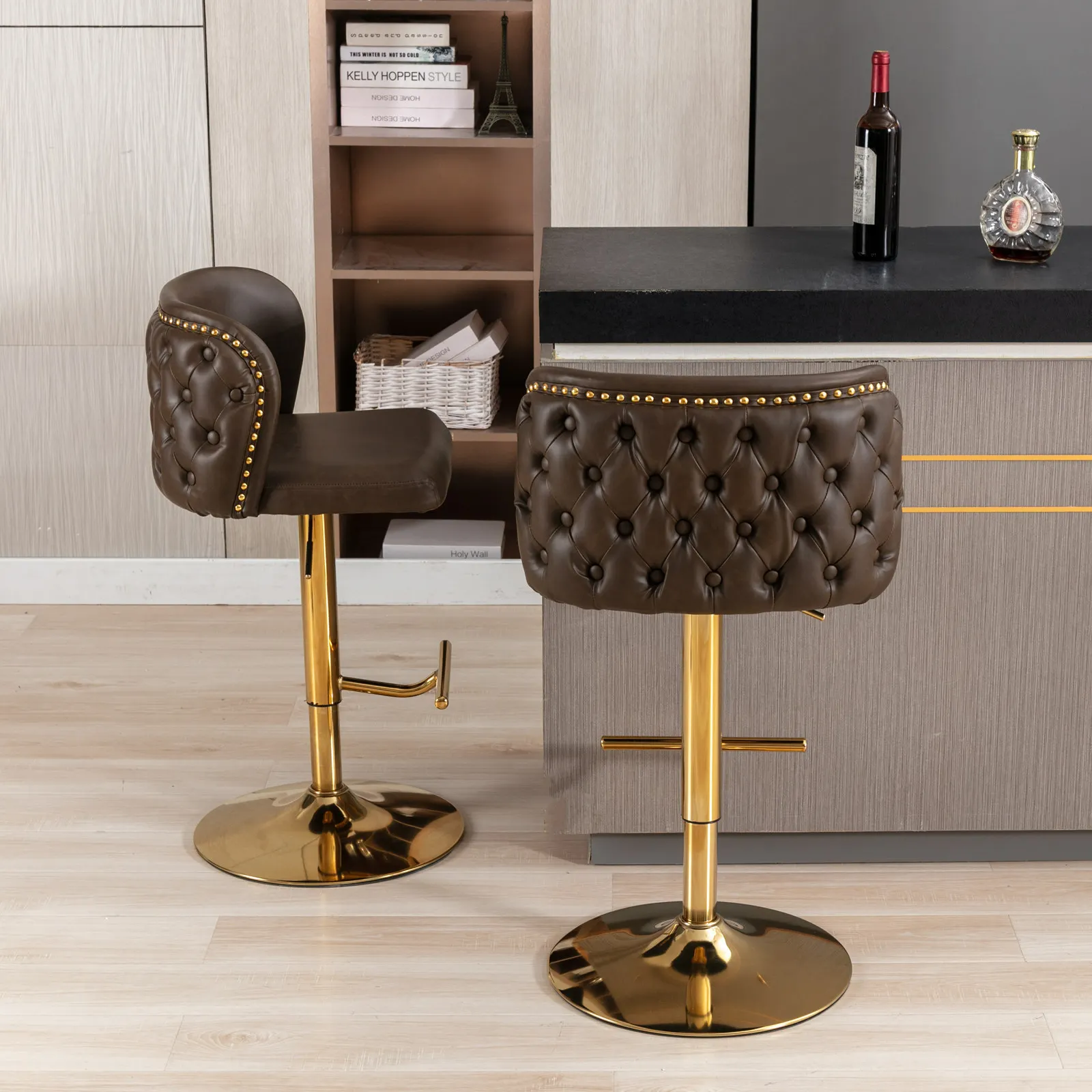2Pcs Swivel Bar Chairs PU Upholstered Counter Bar Stools with Gold Nailheads and Base Adjustable Height For Dining Room Kitchen