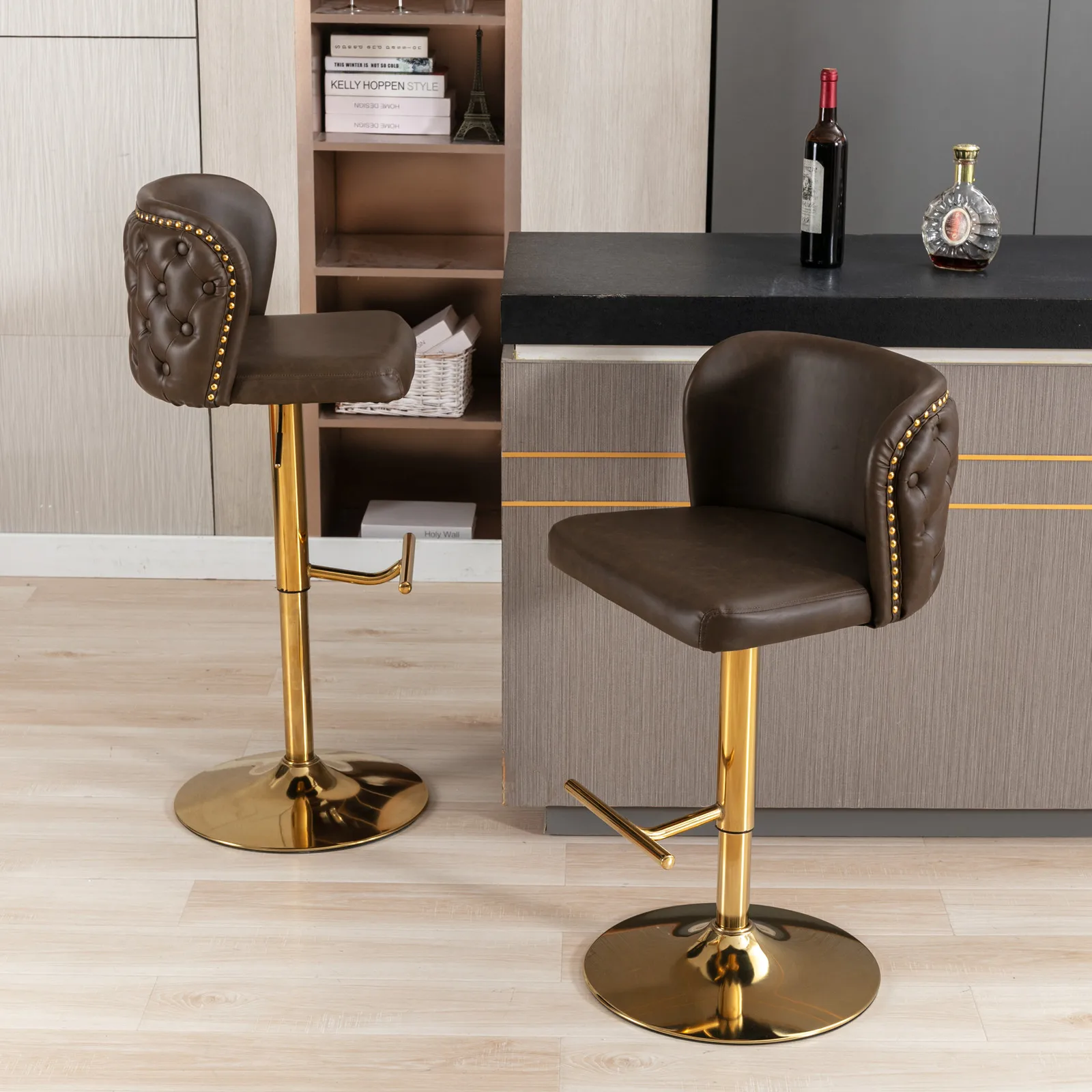 2Pcs Swivel Bar Chairs PU Upholstered Counter Bar Stools with Gold Nailheads and Base Adjustable Height For Dining Room Kitchen