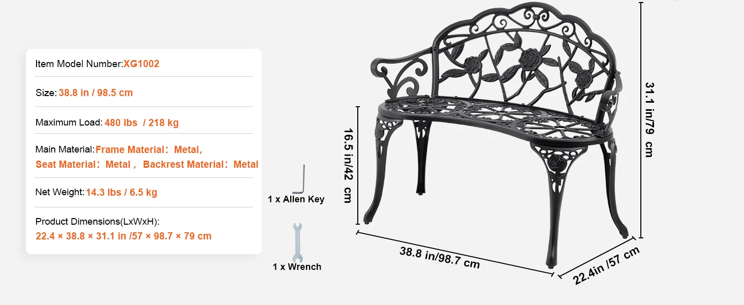 SucceBuy Outdoor Bench Wooden Metal Garden Bench for Outdoors 480 lbs Load Capacity Bench Outdoor Garden Park Bench