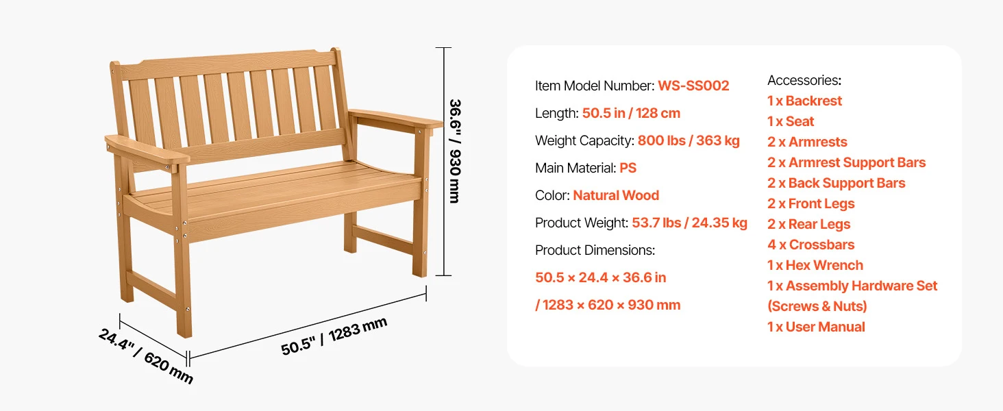 SucceBuy Outdoor Bench Wooden Metal Garden Bench for Outdoors 480 lbs Load Capacity Bench Outdoor Garden Park Bench