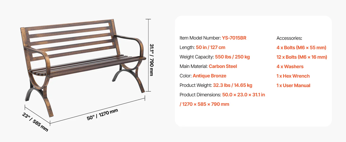 SucceBuy Outdoor Bench Wooden Metal Garden Bench for Outdoors 480 lbs Load Capacity Bench Outdoor Garden Park Bench