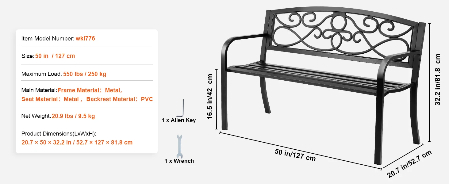 SucceBuy Outdoor Bench Wooden Metal Garden Bench for Outdoors 480 lbs Load Capacity Bench Outdoor Garden Park Bench