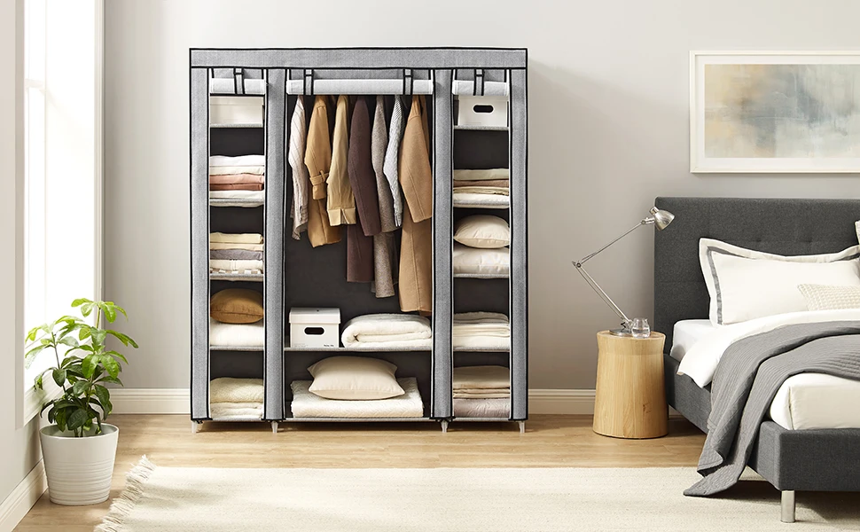 SONGMICS Closet Wardrobe, Portable Closet for Bedroom, Clothes Rail with Non-Woven Fabric Cover, Clothes Storage Organizer