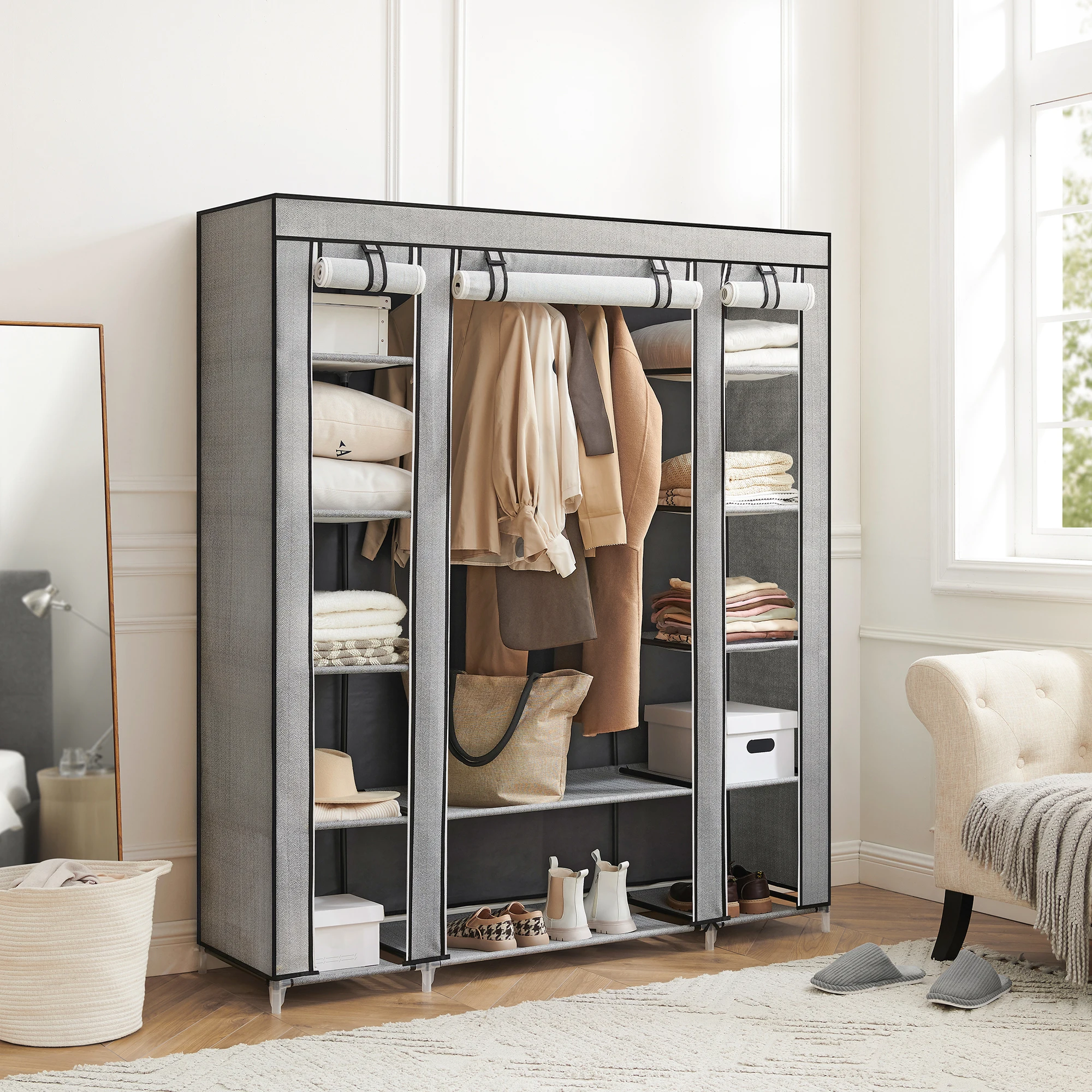 SONGMICS Closet Wardrobe, Portable Closet for Bedroom, Clothes Rail with Non-Woven Fabric Cover, Clothes Storage Organizer