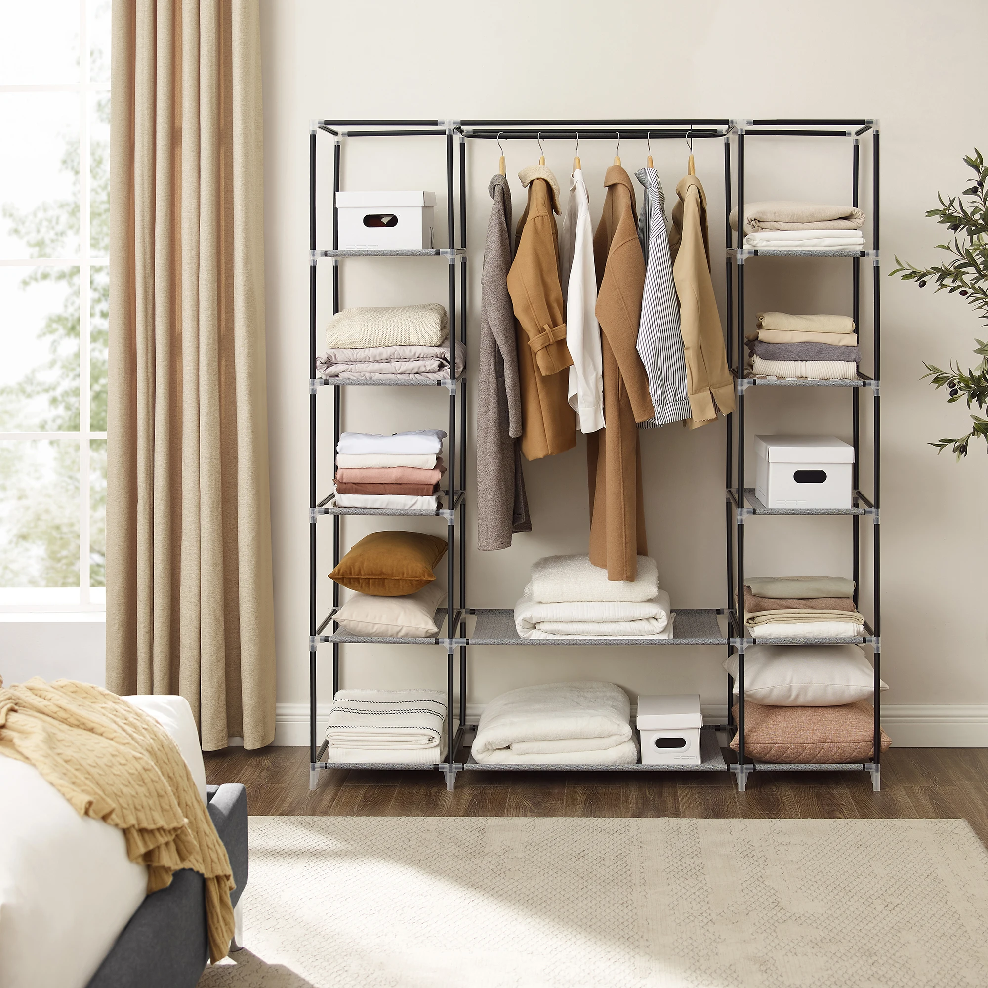 SONGMICS Closet Wardrobe, Portable Closet for Bedroom, Clothes Rail with Non-Woven Fabric Cover, Clothes Storage Organizer