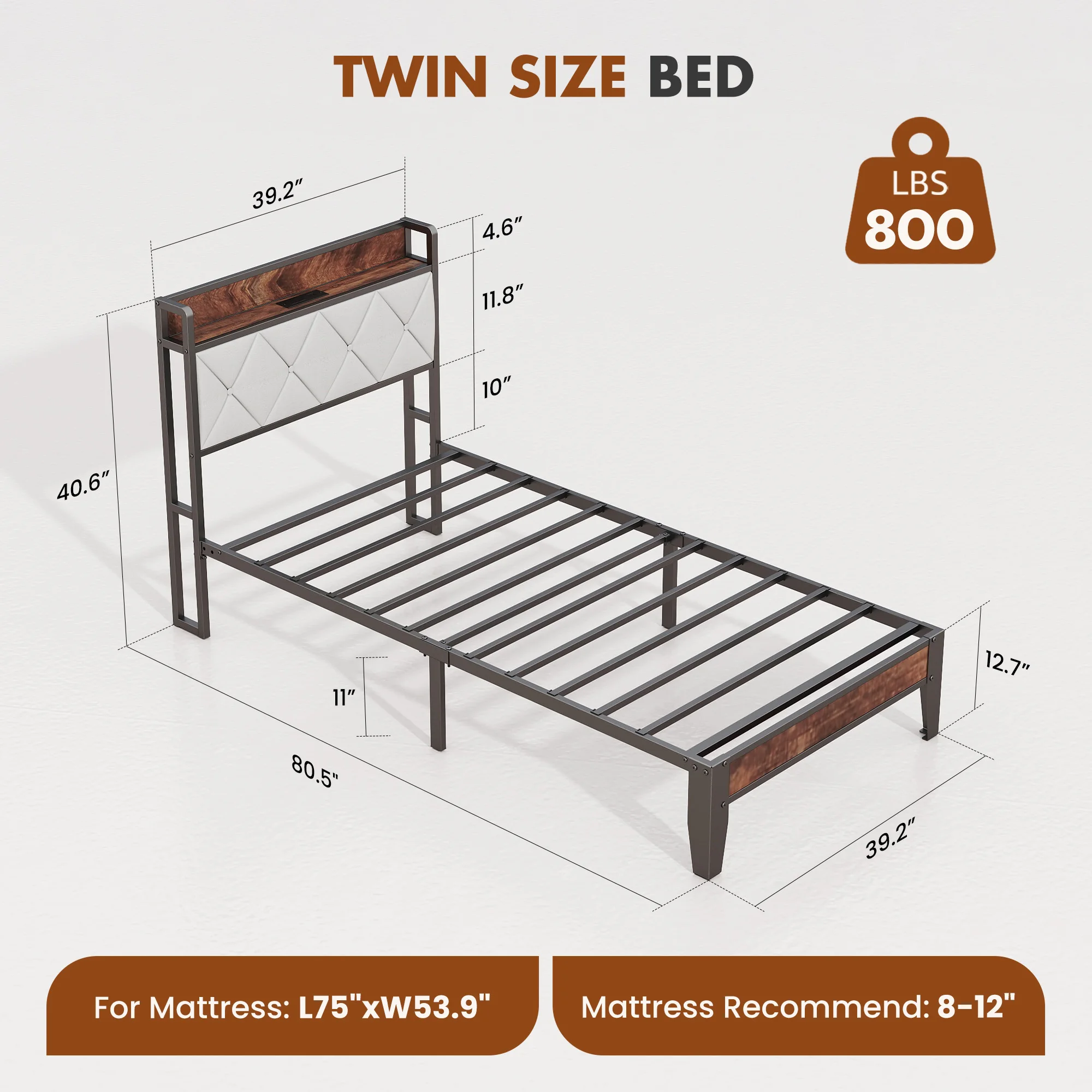 JHK King Size Soft Pack Heavy Duty Metal Bed Frame with Headboard Charging Station 1100lbs Capacity Easy Assembly For Bedroom