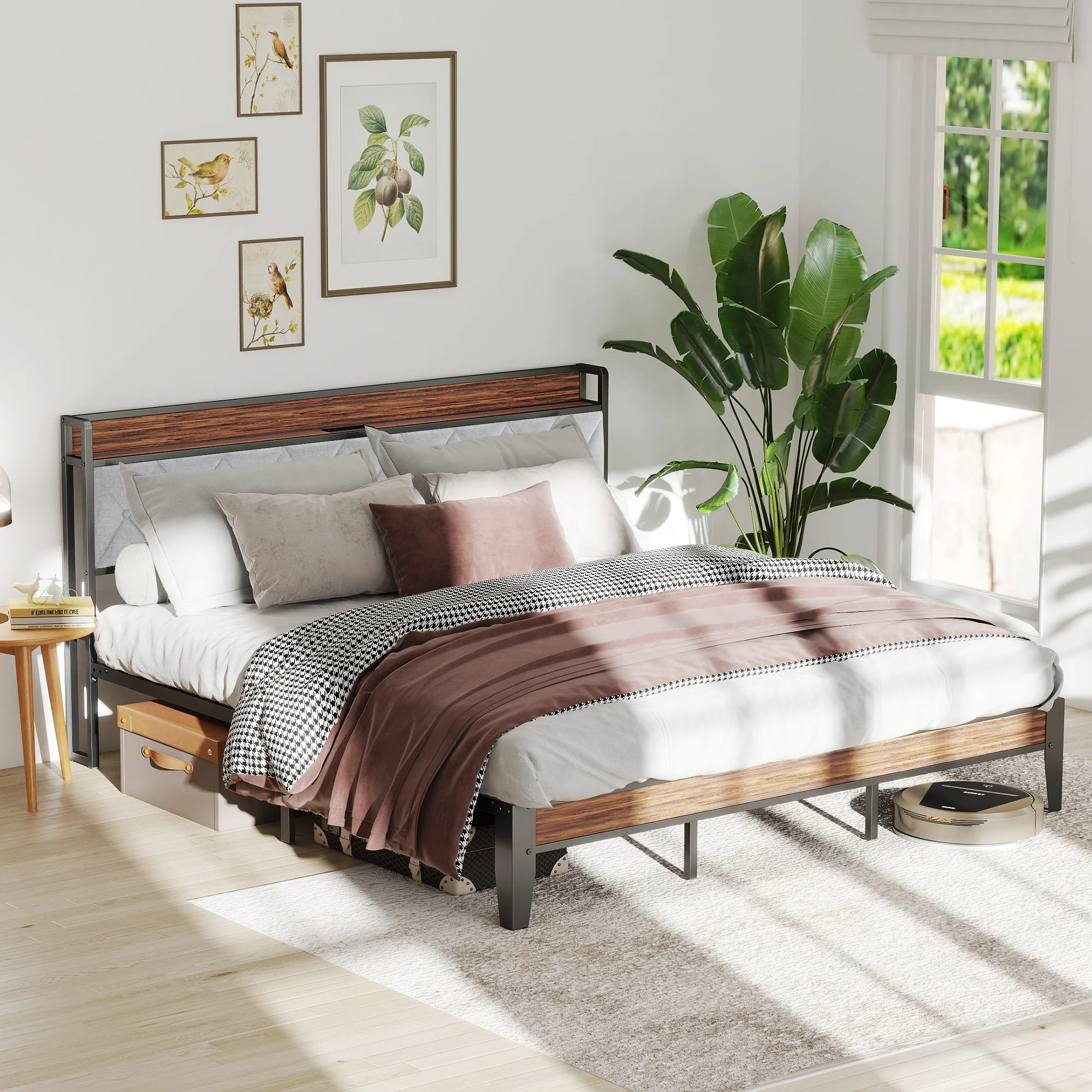 JHK King Size Soft Pack Heavy Duty Metal Bed Frame with Headboard Charging Station 1100lbs Capacity Easy Assembly For Bedroom