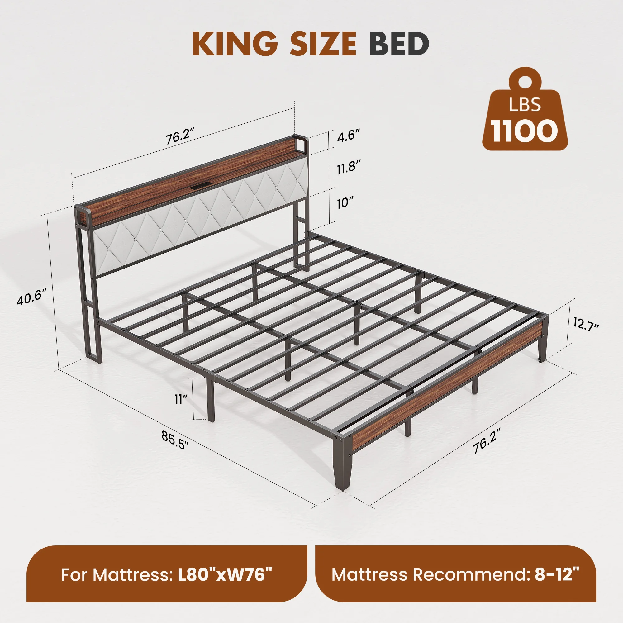 JHK King Size Soft Pack Heavy Duty Metal Bed Frame with Headboard Charging Station 1100lbs Capacity Easy Assembly For Bedroom