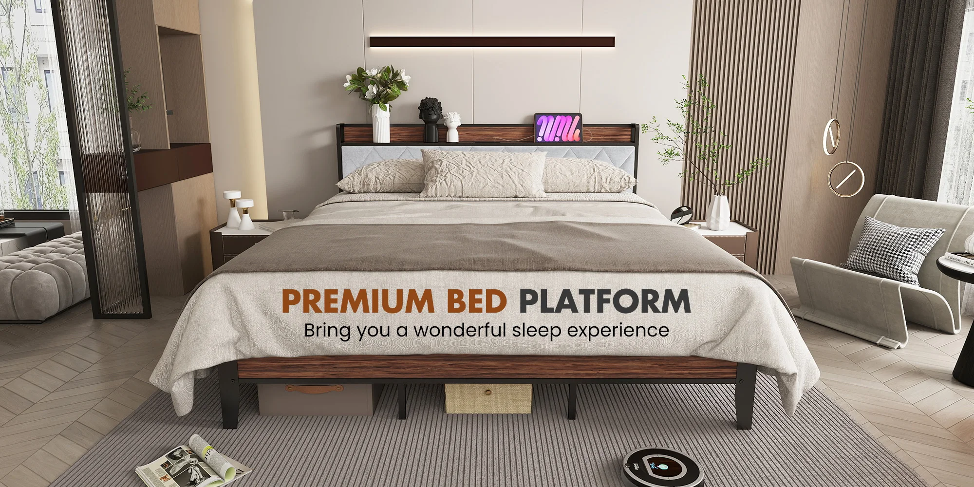 JHK King Size Soft Pack Heavy Duty Metal Bed Frame with Headboard Charging Station 1100lbs Capacity Easy Assembly For Bedroom