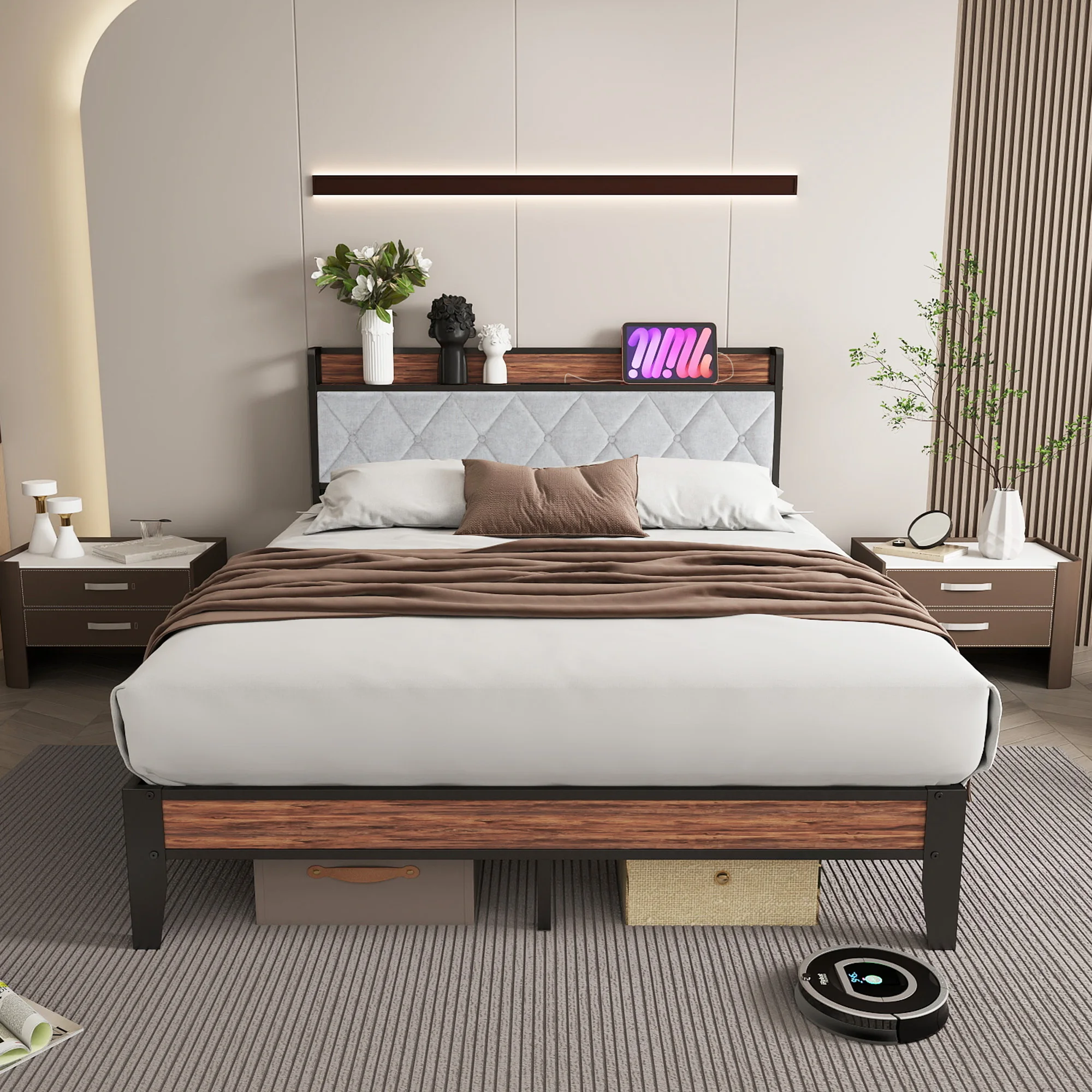 JHK King Size Soft Pack Heavy Duty Metal Bed Frame with Headboard Charging Station 1100lbs Capacity Easy Assembly For Bedroom