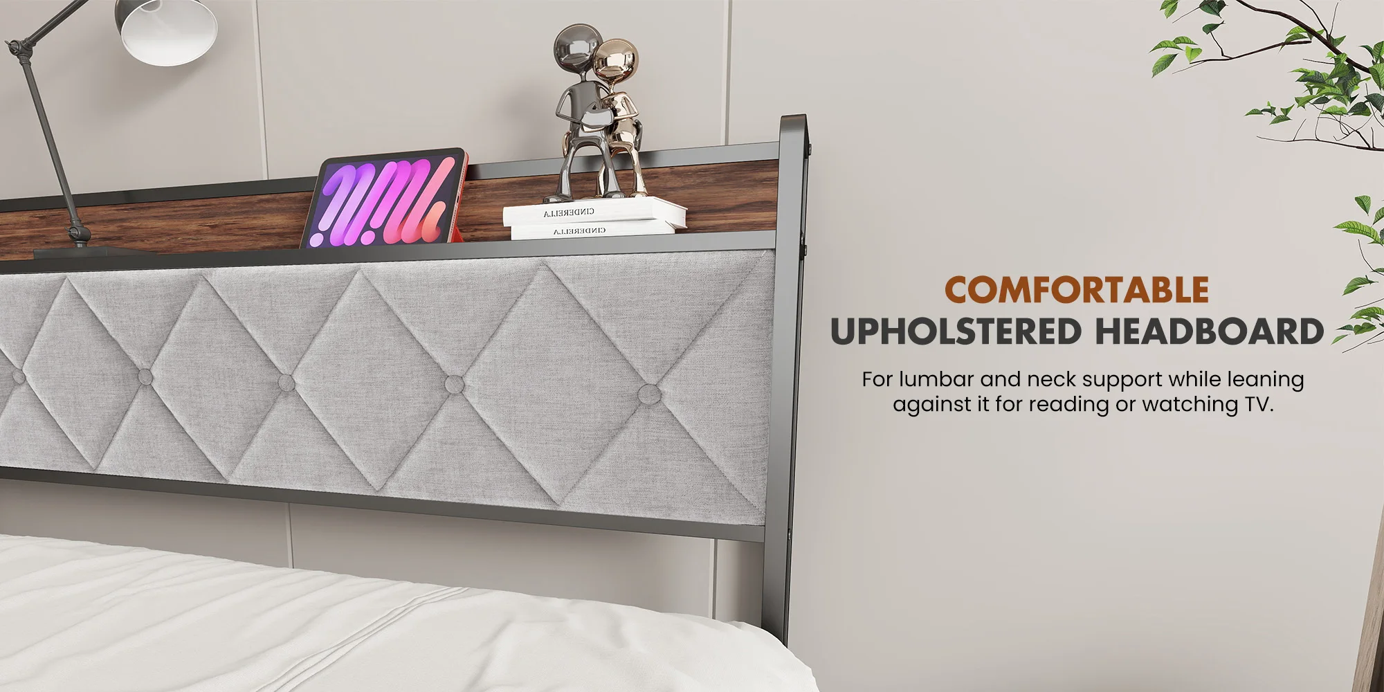 JHK King Size Soft Pack Heavy Duty Metal Bed Frame with Headboard Charging Station 1100lbs Capacity Easy Assembly For Bedroom
