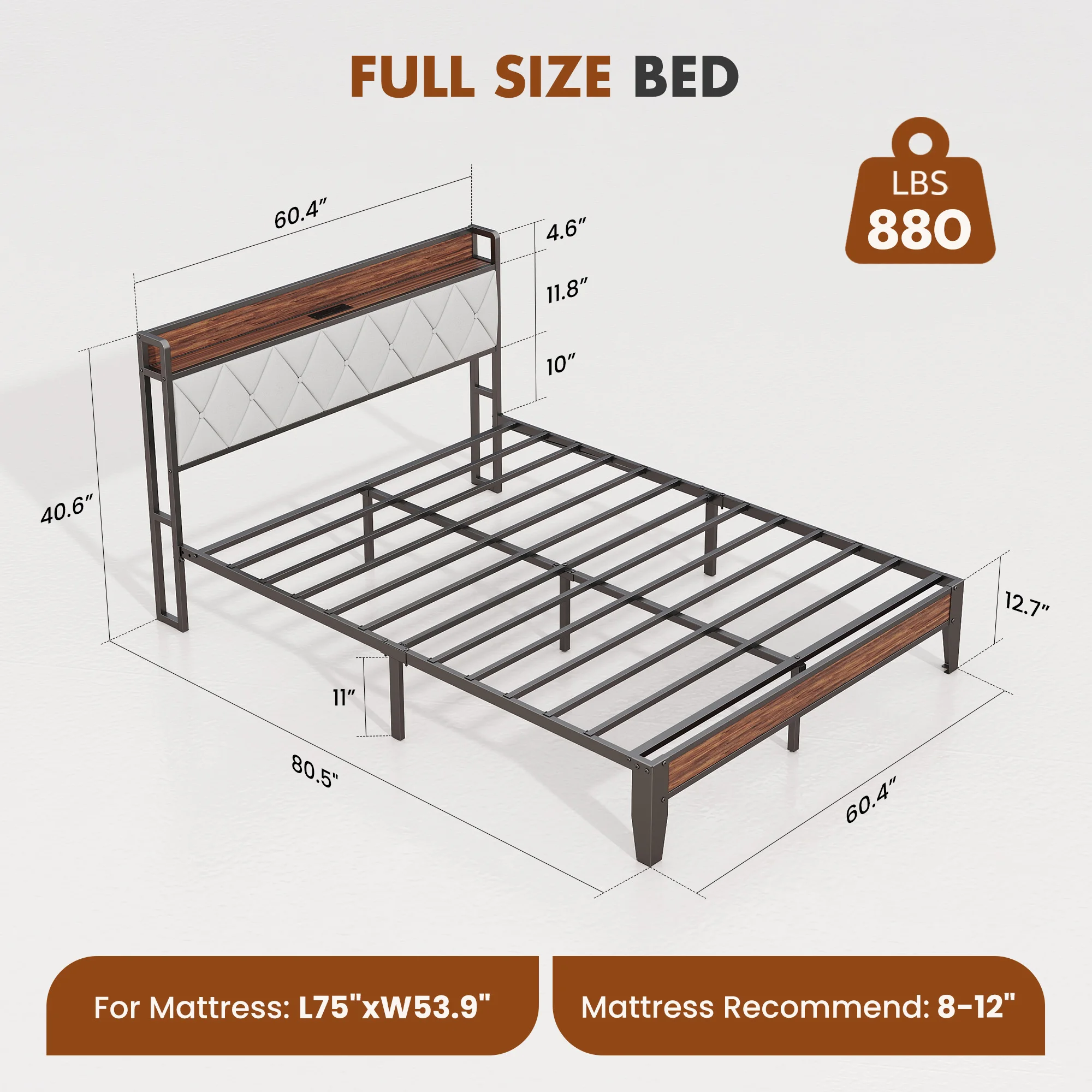 JHK King Size Soft Pack Heavy Duty Metal Bed Frame with Headboard Charging Station 1100lbs Capacity Easy Assembly For Bedroom