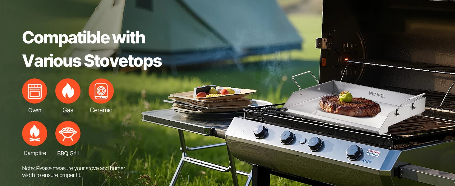 SucceBuy Stainless Steel Griddle Flat Top Rectangular Plate Grill-Top Griddle Pan Gas Grill Griddle for BBQ Portable Cookware