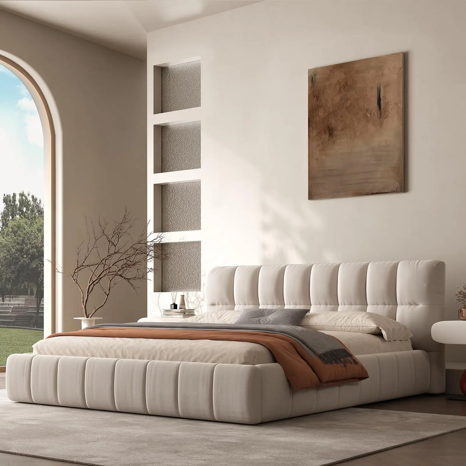 Queen Size Modern Cloud Platform Bed with 38.5-inch High Extra-Thick Soft Headboard, Includes Footboard, Block Design, Cream Uph