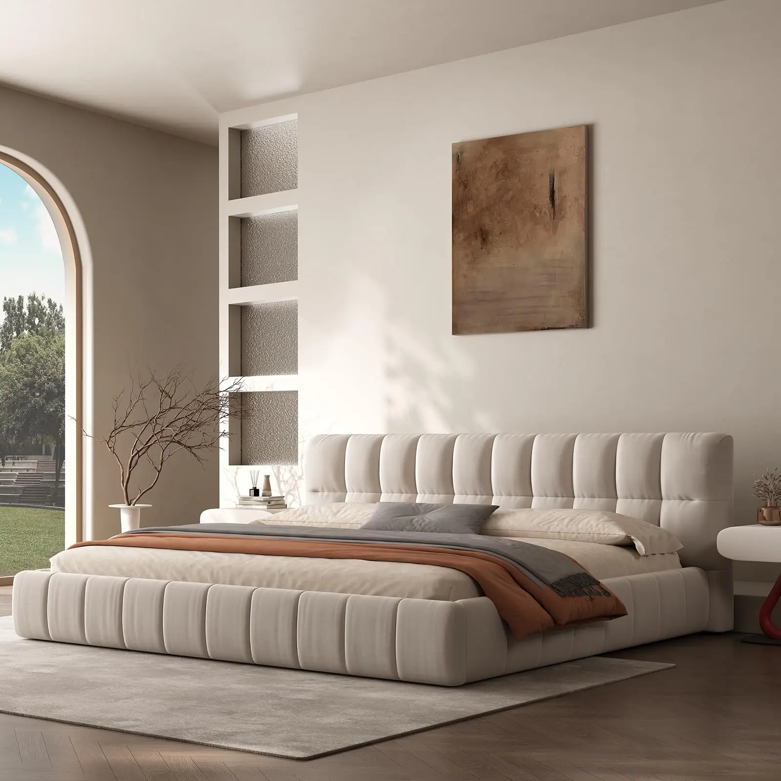 Queen Size Modern Cloud Platform Bed with 38.5-inch High Extra-Thick Soft Headboard, Includes Footboard, Block Design, Cream Uph