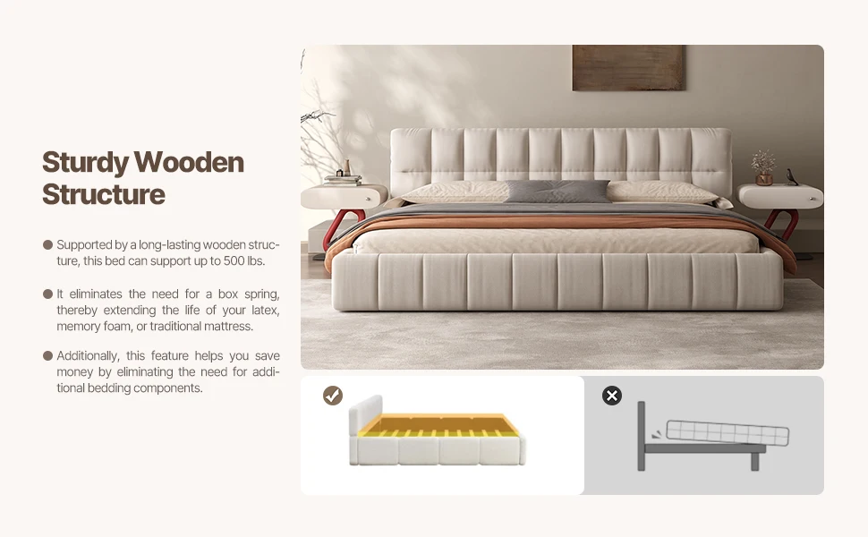 Queen Size Modern Cloud Platform Bed with 38.5-inch High Extra-Thick Soft Headboard, Includes Footboard, Block Design, Cream Uph