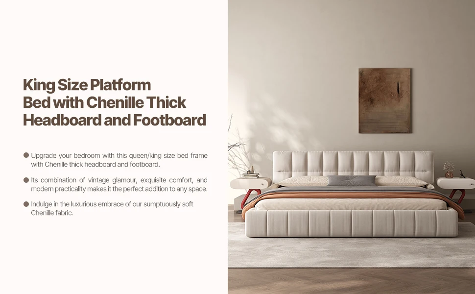 Queen Size Modern Cloud Platform Bed with 38.5-inch High Extra-Thick Soft Headboard, Includes Footboard, Block Design, Cream Uph