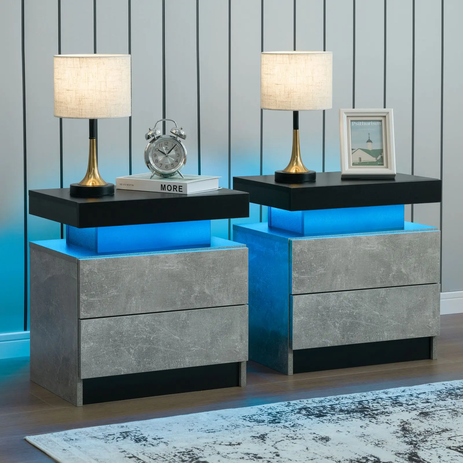 Cubehom Nightstand Set of 2 LED Nightstand with 2 Drawers,Night Stand with LED Light,Bedside Table with Drawers for Bedroom